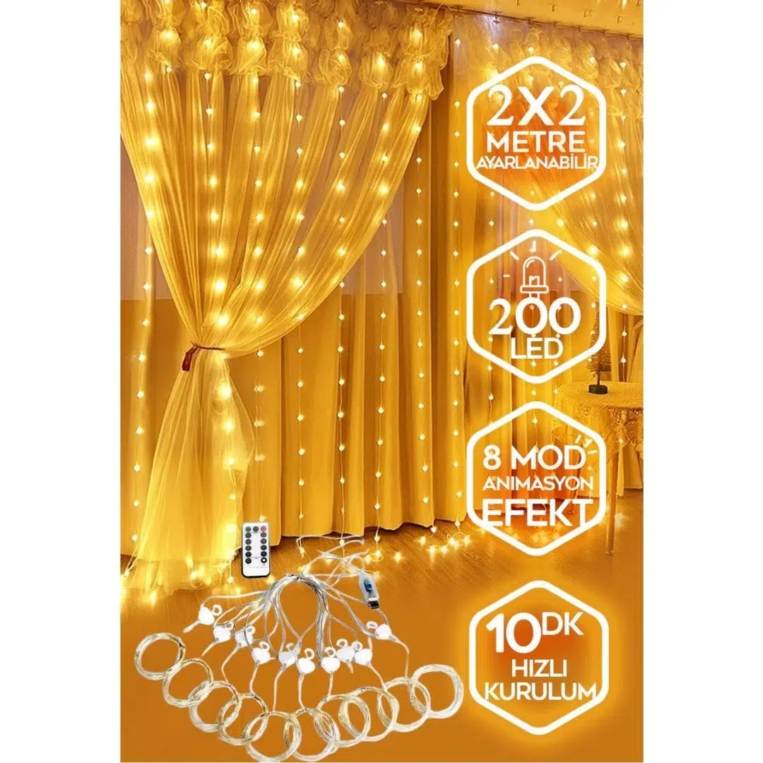 200 LED'li 2x2 Metre Animasyonlu Perde LED Işık - Günışığı