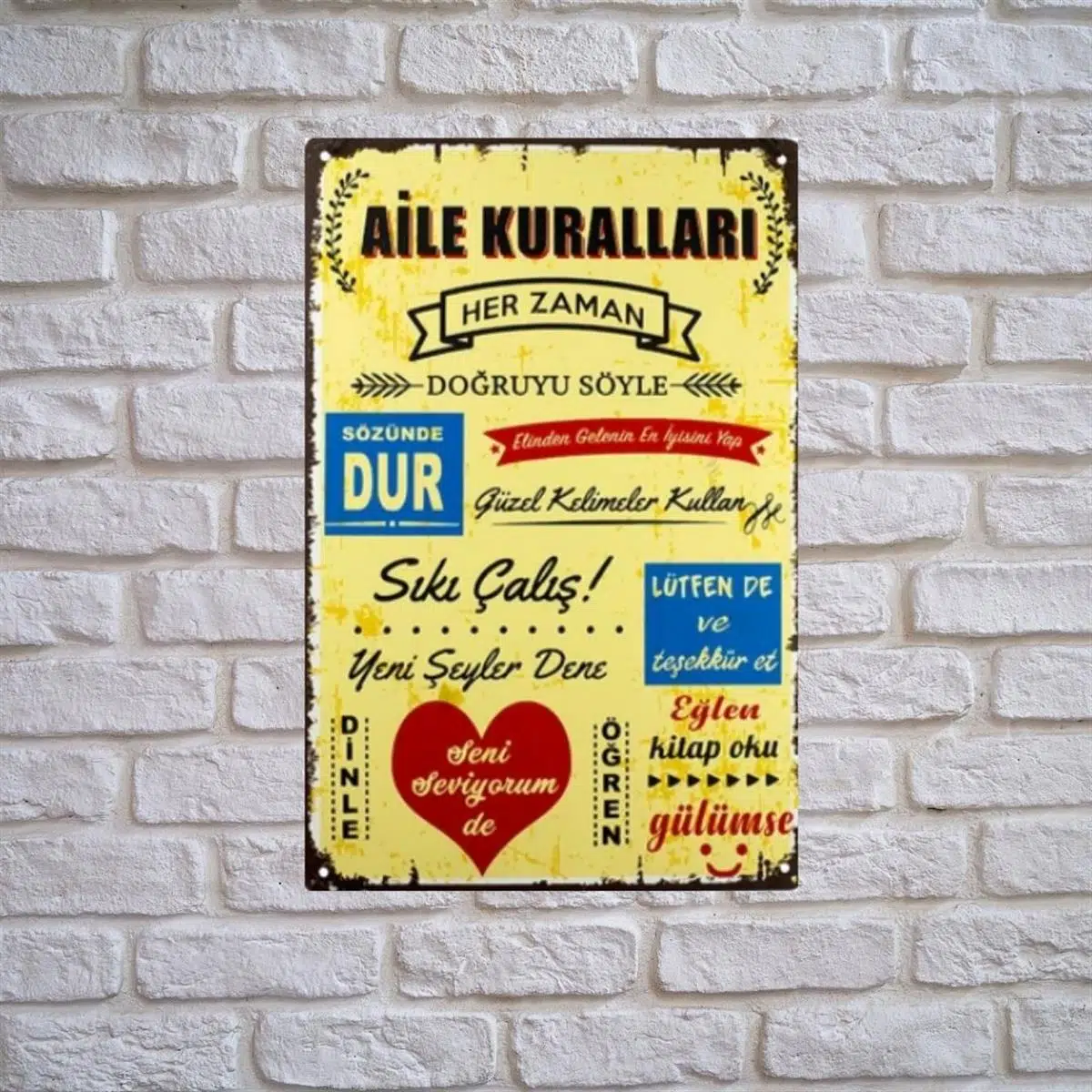 Aıle Kuralları Ahşap Duvar ve Kapı Süsü- Retro Ahşap Pano 28 x 20