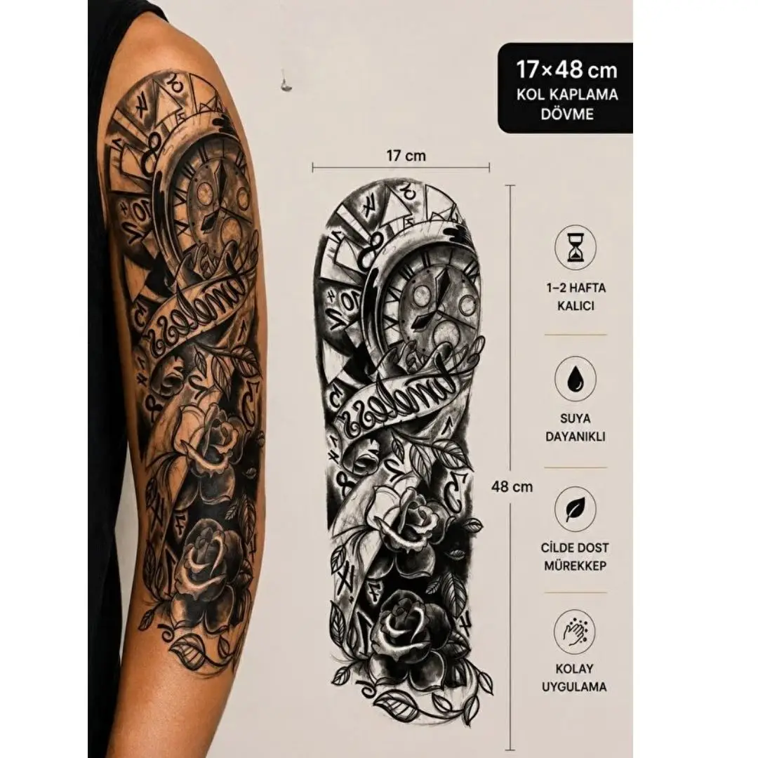 Büyük Boy Geçici Kol Kaplama Dövme - Saat ve Gül Desenli Suya Dayanıklı Tattoo