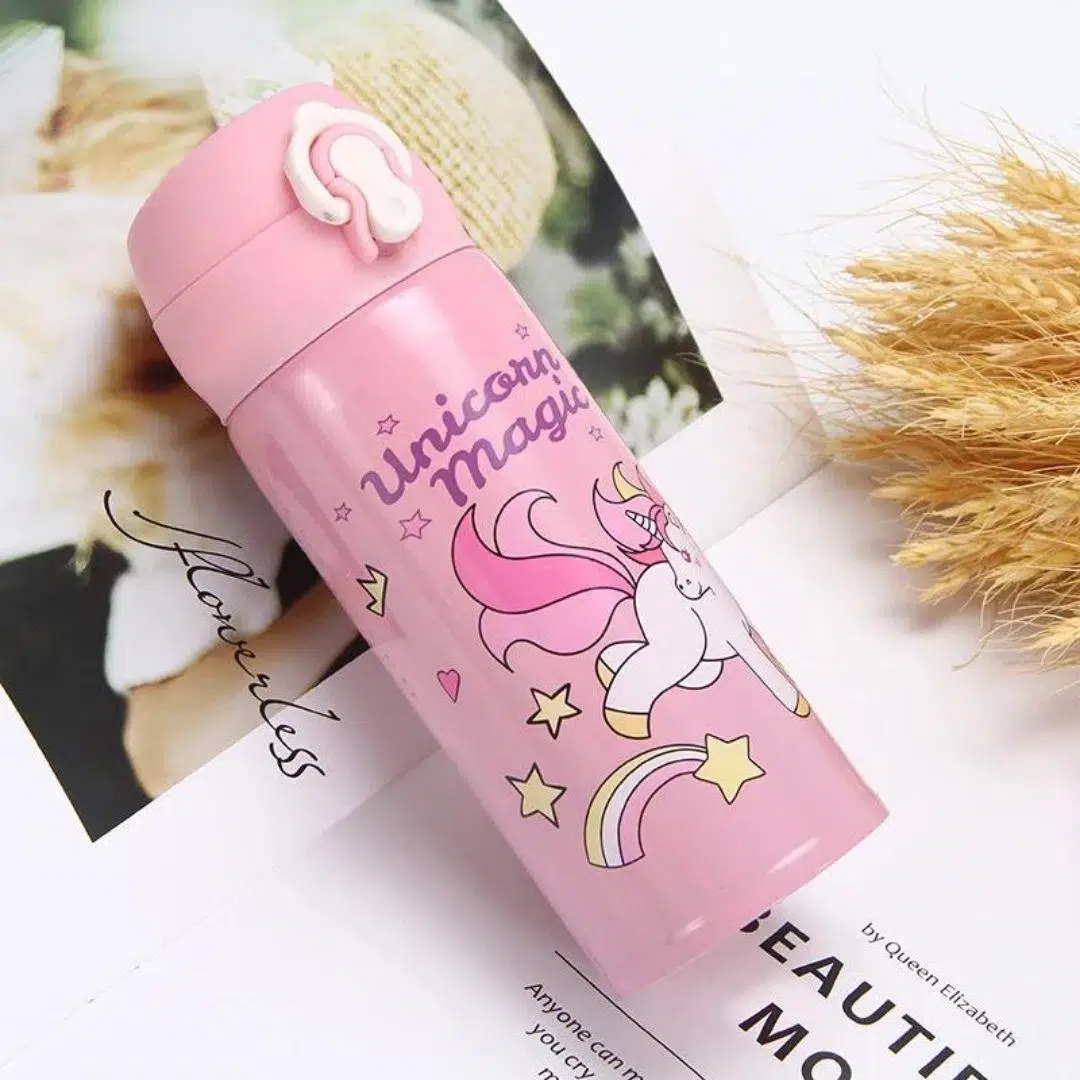 Çocuklara Özel İsim Yazılı Unicorn Tasarımlı Termos Matara - PEMBE