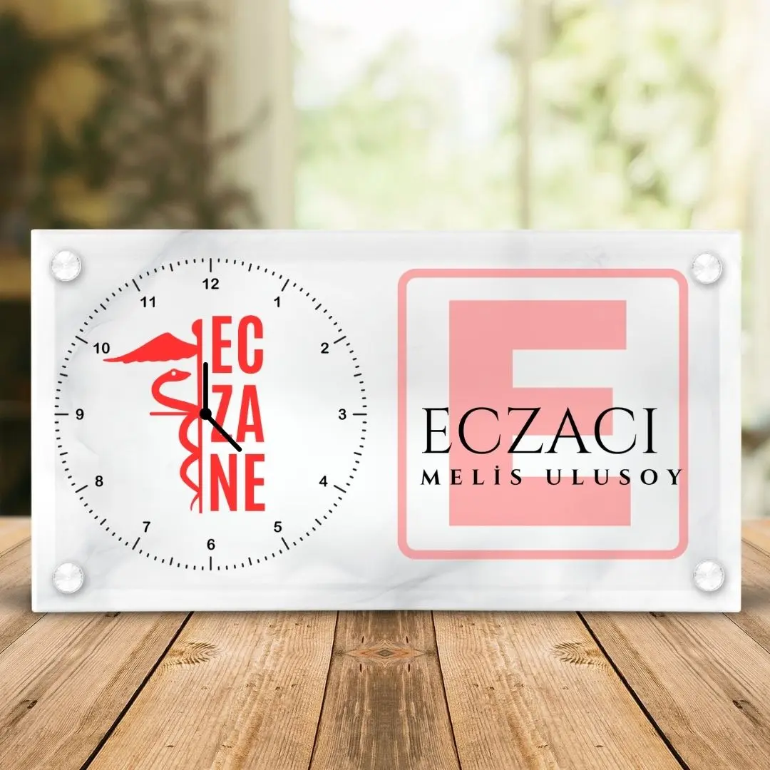 Eczacılara Özel İsim Yazılı Cam Saat - Logolu Eczane Masası Saati