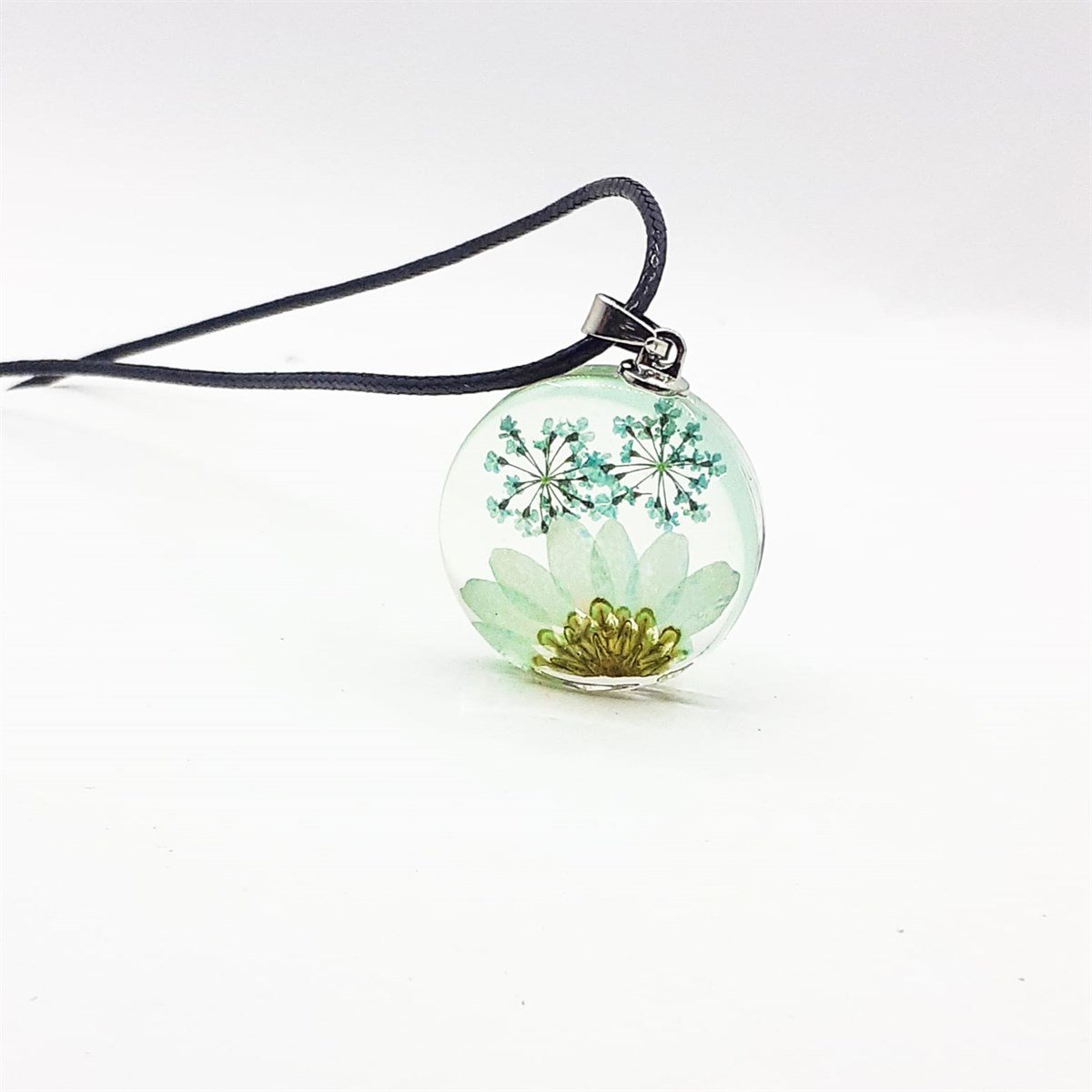 Epoksi Gerçek Kurutulmuş Çiçek Cam Kolye - BEYAZ