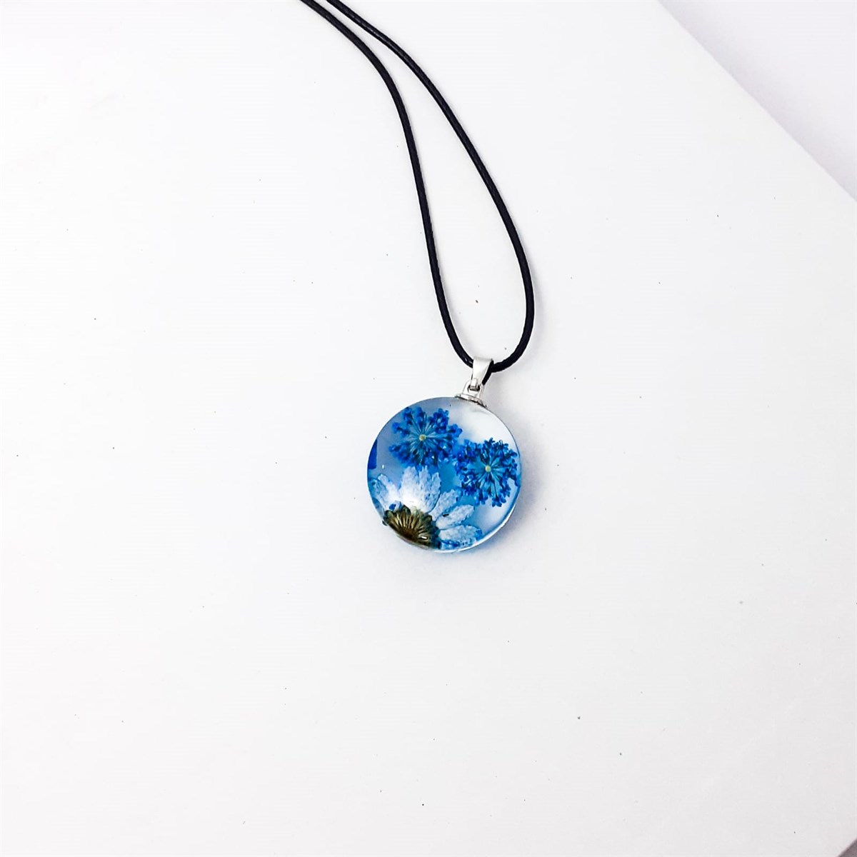 Epoksi Gerçek Kurutulmuş Çiçek Cam Kolye - MAVİ