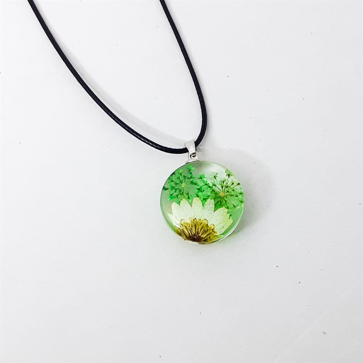 Epoksi Gerçek Kurutulmuş Çiçek Cam Kolye - YEŞİL