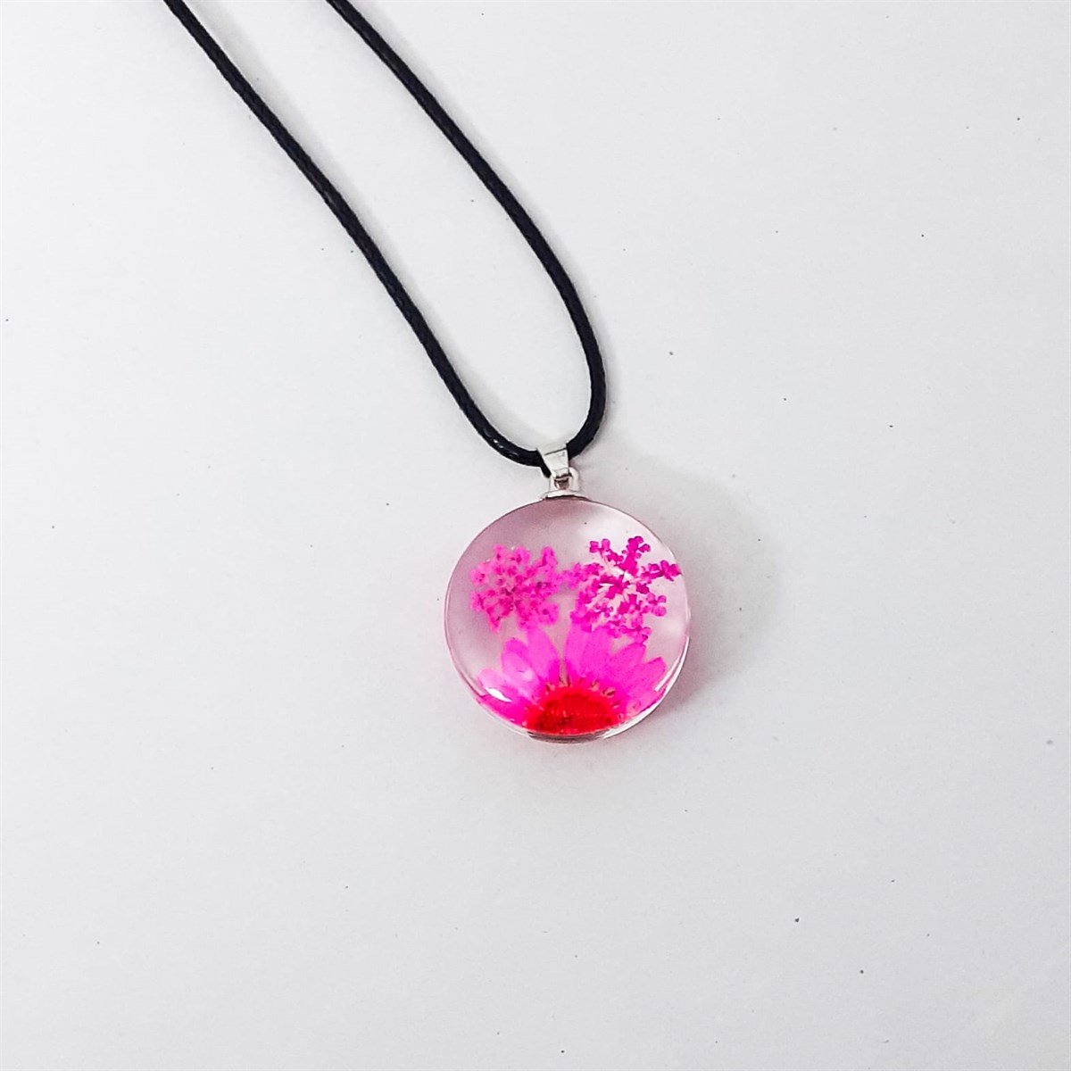 Epoksi Gerçek Kurutulmuş Çiçek Cam Kolye - PEMBE