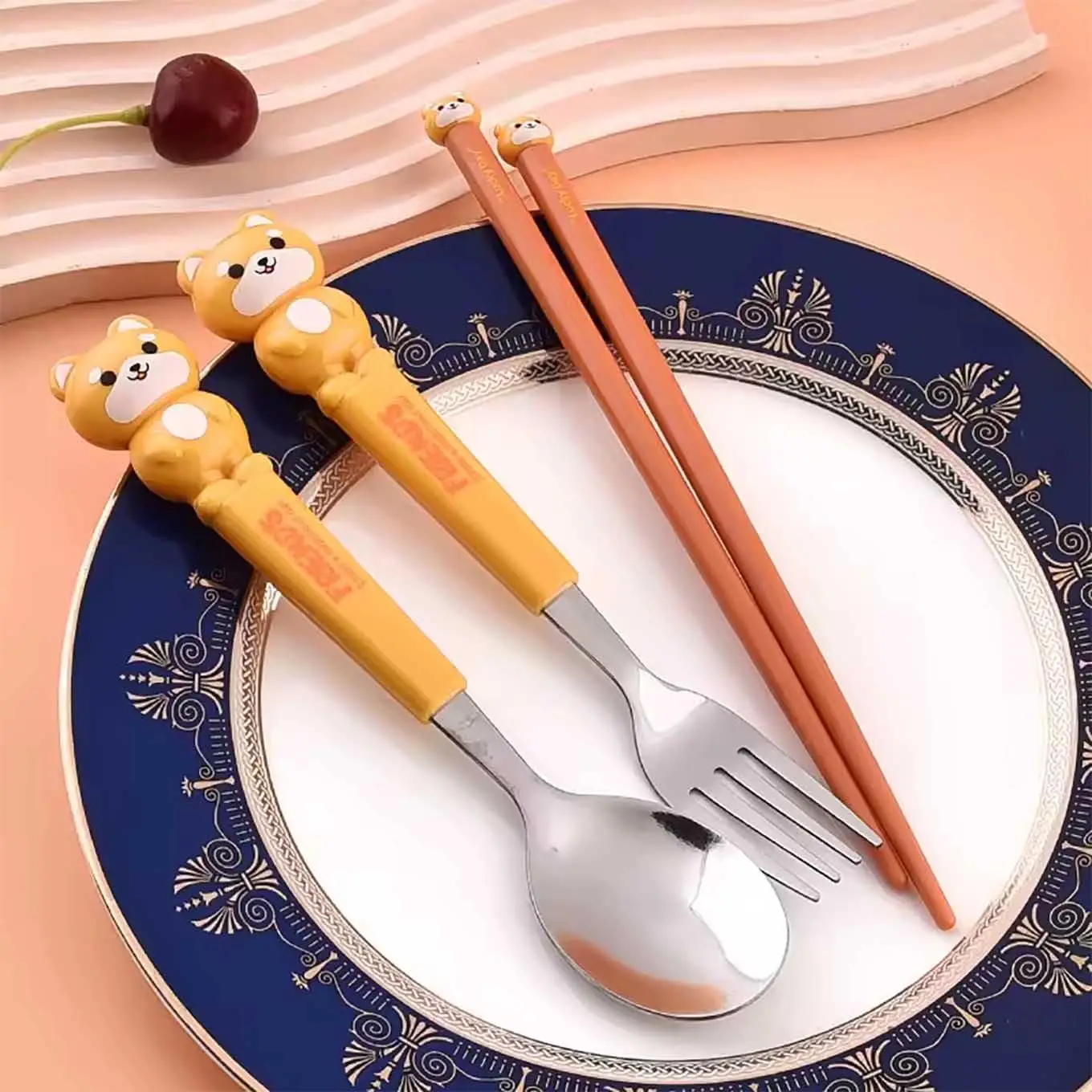 Hayvan Figürlü Çocuk Çatal Kaşık Ve Chopstick Seti 3'lü Takım - TURUNCU