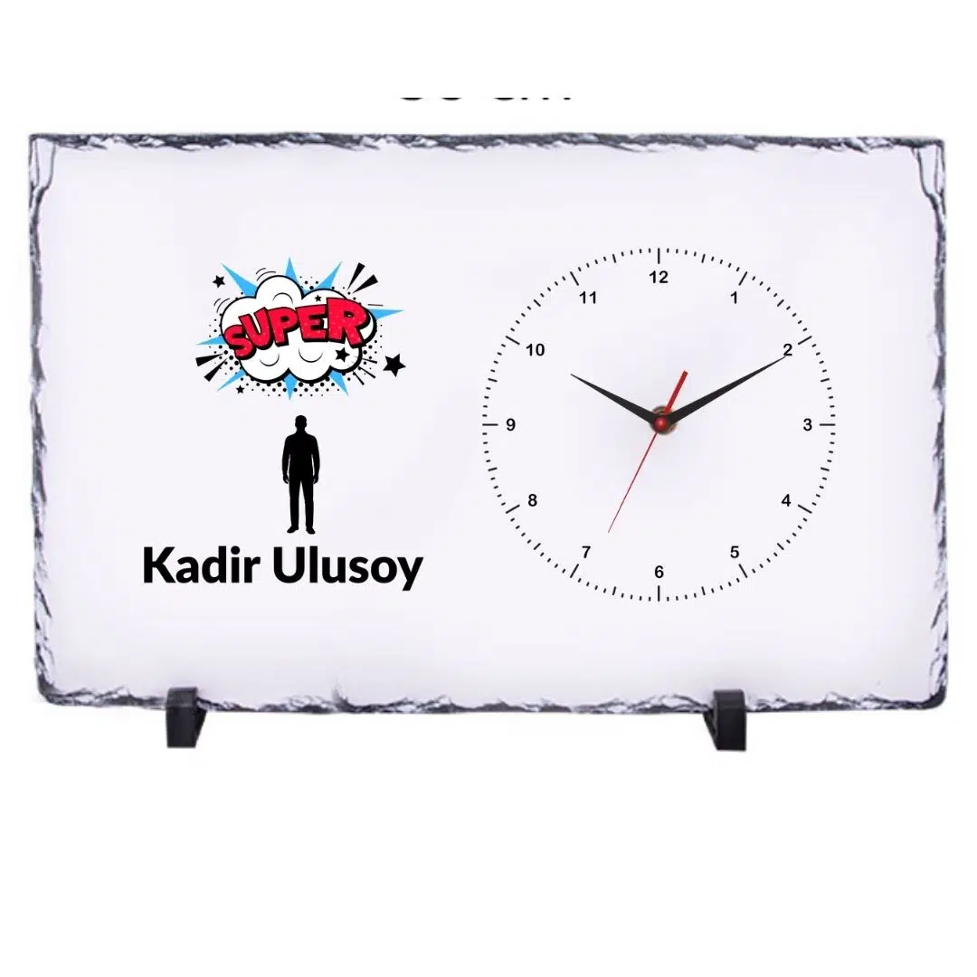 Kişiye Özel Dikdörtgen Doğal Taş Masa Saati 25x38 cm – İsim Baskılı Dekoratif Saat