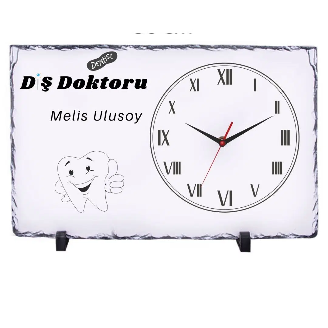 Kişiye Özel Diş Hekimi Doğal Taş Masa Saati 25x38 cm – İsim Baskılı Dekoratif Saat