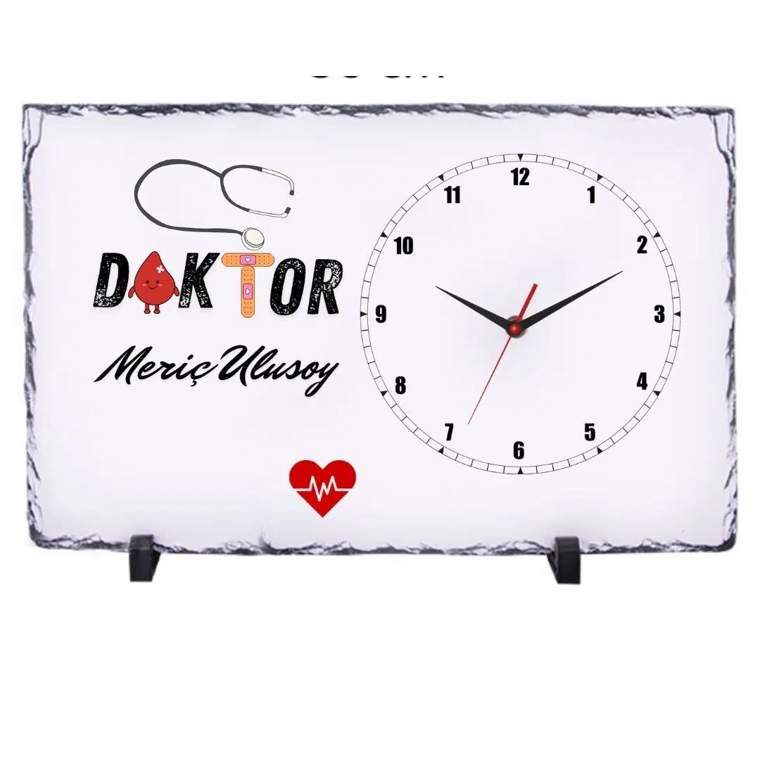 Kişiye Özel Doktor Doğal Taş Masa Saati 25x38 cm – İsim ve Ünvan Baskılı Dekoratif Saat