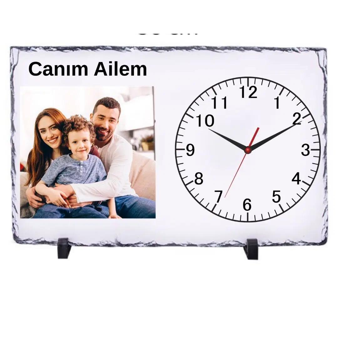Kişiye Özel Fotoğraflı Doğal Taş Masa Saati 25x38 cm – Aile Temalı Dekoratif Saat
