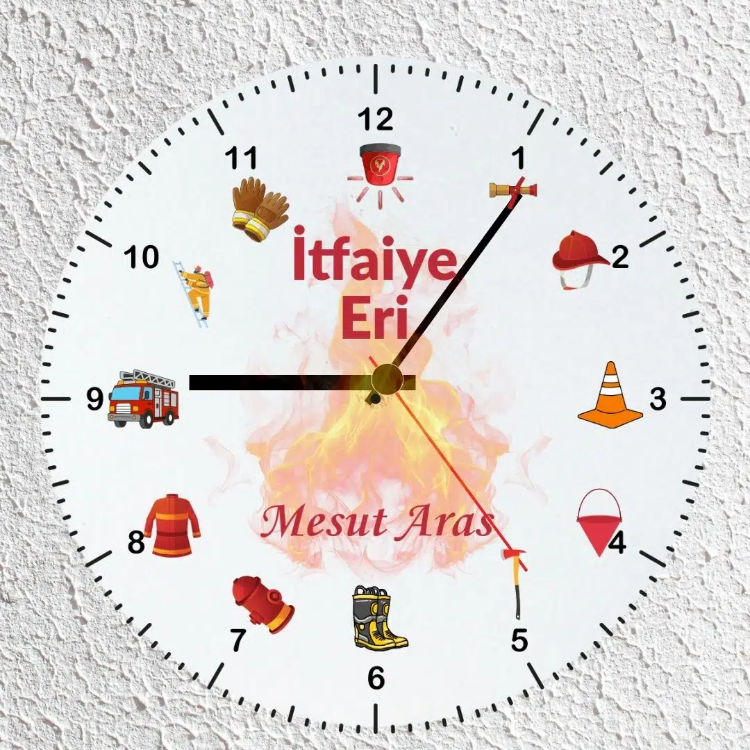 Kişiye Özel İsimli İtfaiyeci Cam Duvar Saati 30x30 cm - İtfaiye Eri Meslek Hediyesi