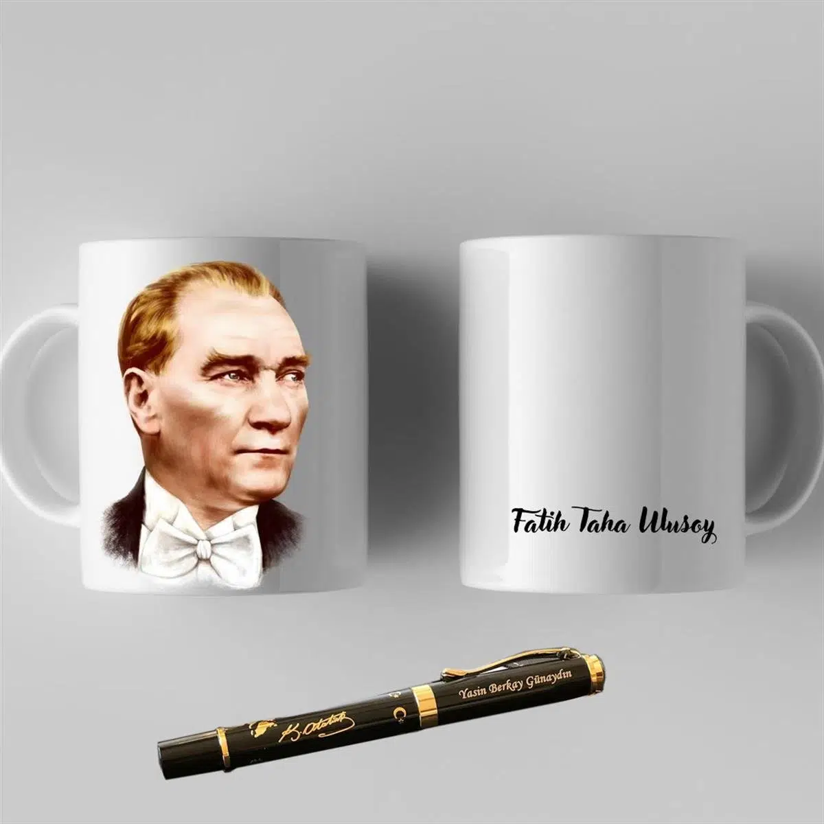 Kişiye Özel Mustafa Kemal Atatürk Resimli Kupa Bardak ve Kalem Hediye Seti
