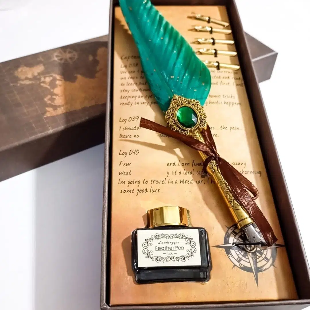 Kişiye Özel Retro Tüylü Divit Kalem Seti - Özel Kutulu Yazı Kalemi ve Mürekkep Seti - YEŞİL