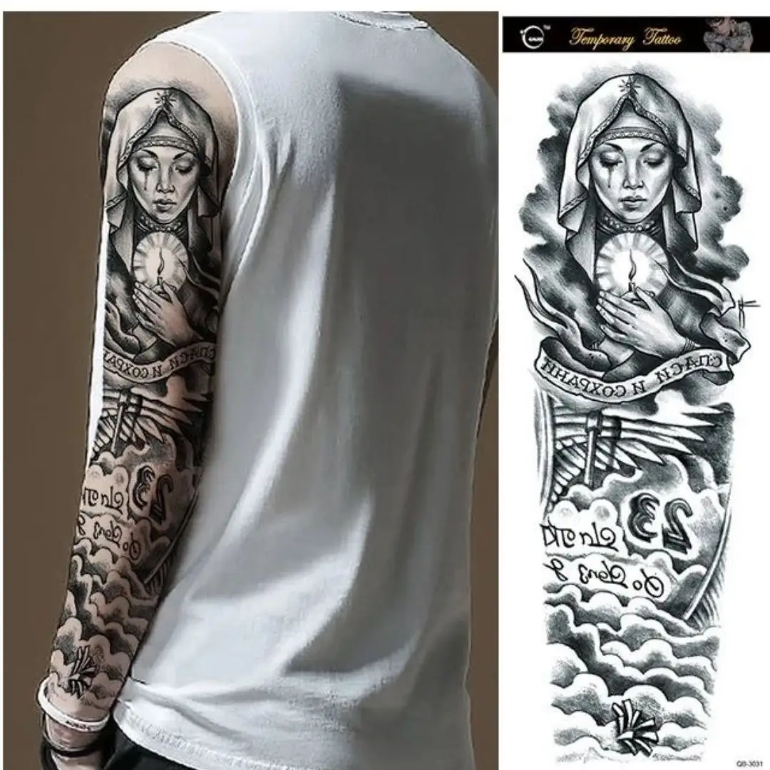 Kolu Kaplayan Büyük Boy Geçici Dövme - Ağlayan Rahibe ve Mum Figürlü Su Geçirmez Tattoo Sticker
