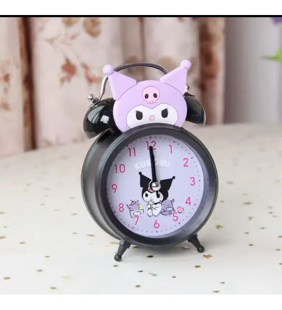 Kuromi Tasarımlı Metal Masa Saati - Işıklı Çift Zilli Nostaljik Alarm Saat Mor Siyah