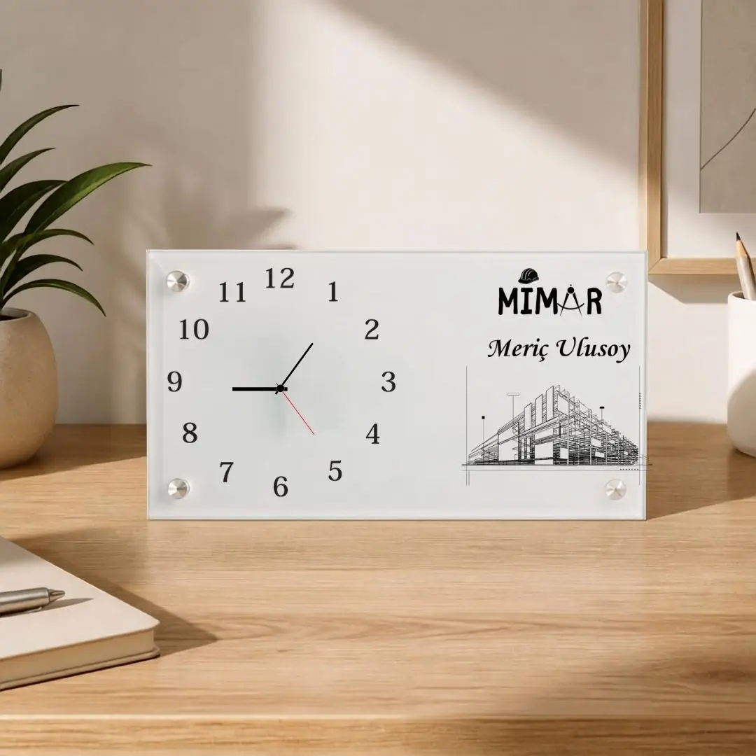 Mimara Özel Hediye Cam Masa Saati ve Ofis İsimliği