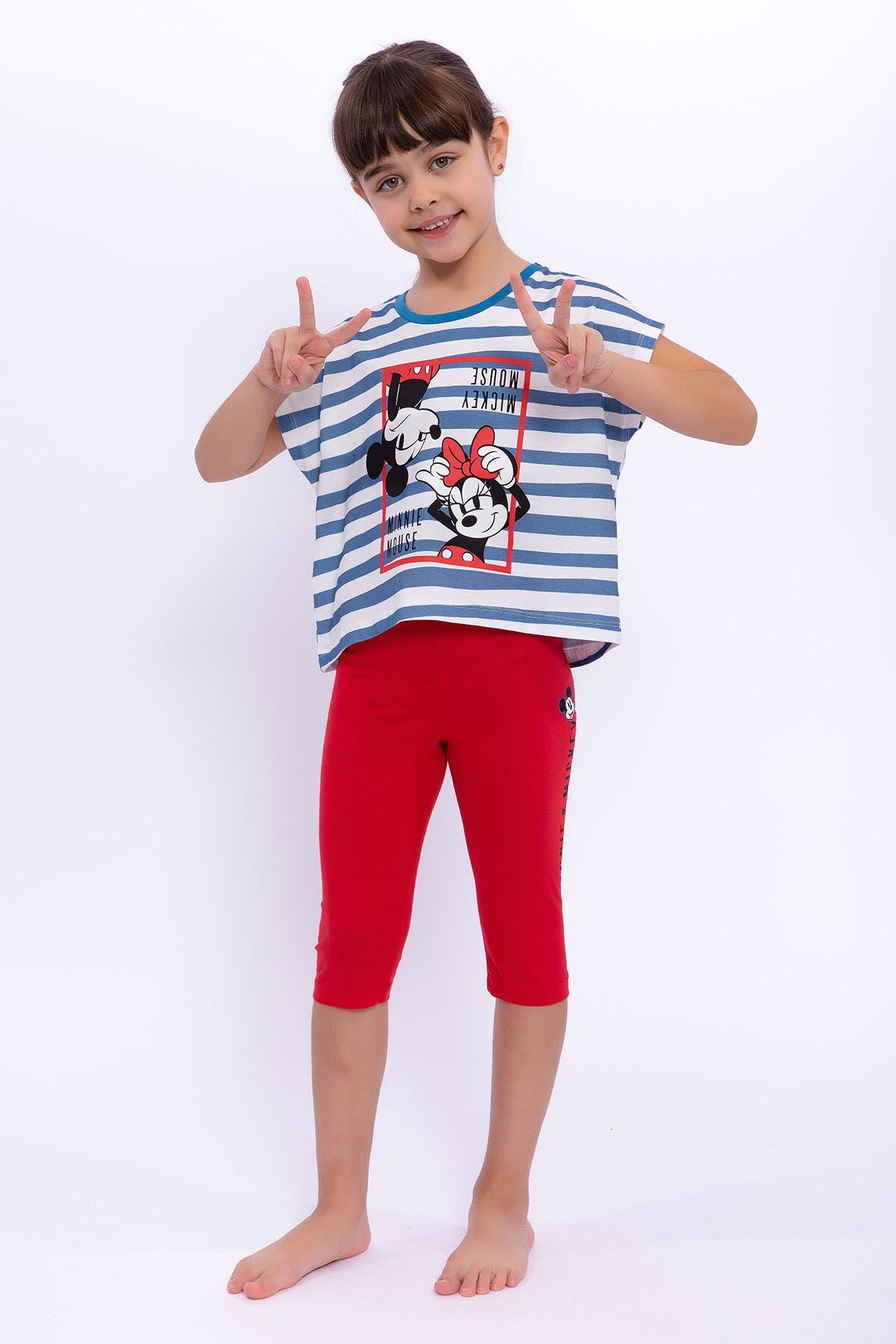 Minnie Mouse Lisanslı Çizgili Petrol Mavisi Kız Çocuk Tayt Takım - KIRMIZI